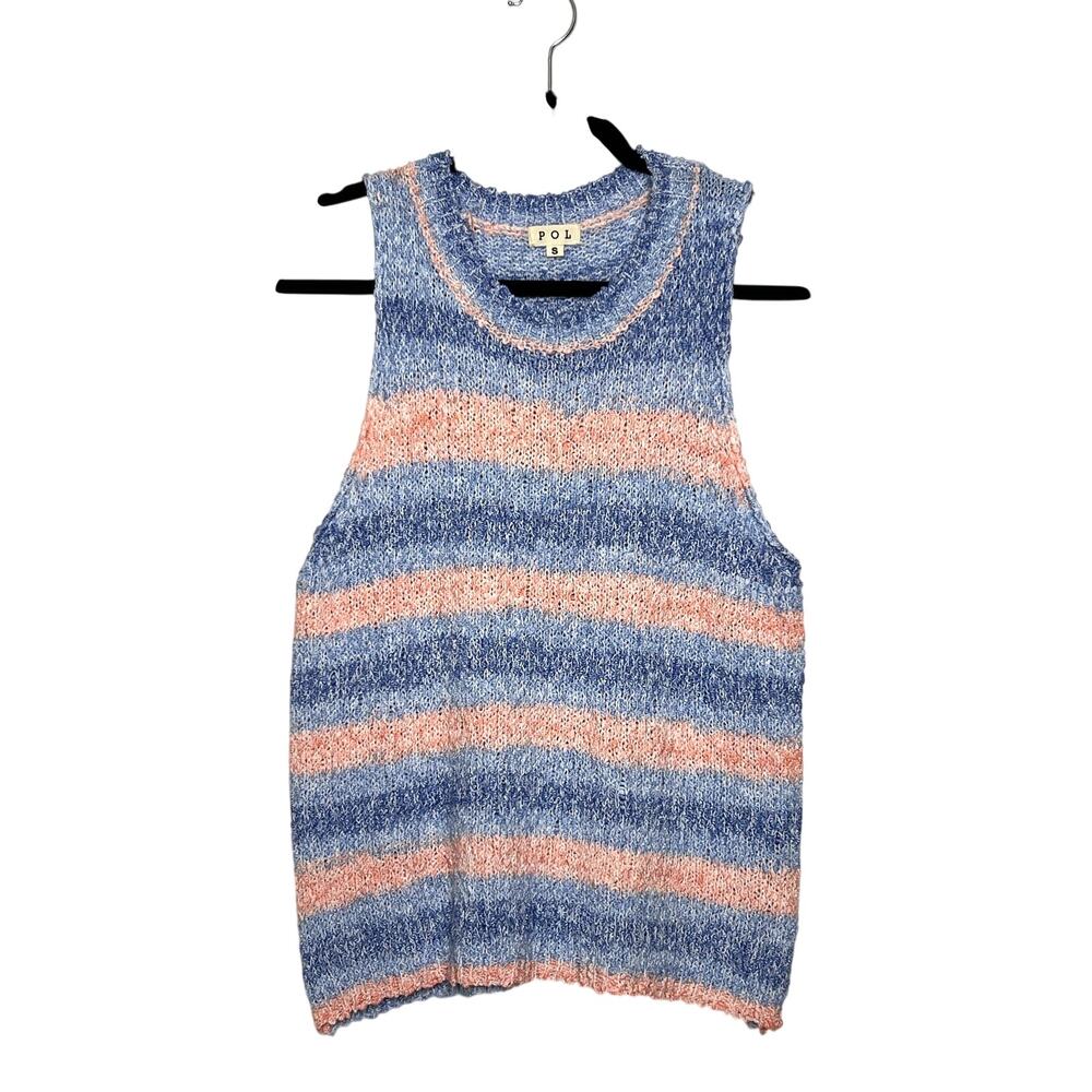 POL Sleeveless Sweater Tank Top Small Blue Pink Stripe Knit Pullover Boho